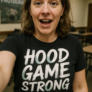"Hood Game Strong" black falcon t shirt, photographed as falcon lover gift