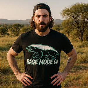 Lifestyle shot of the "Rage Mode On" black honey badger t shirt in a real-world setting
