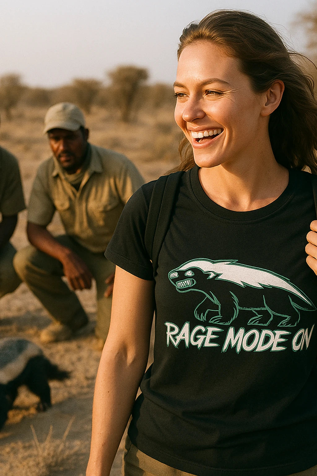 "Rage Mode On" black honey badger t shirt, photographed as honey badger lover gift