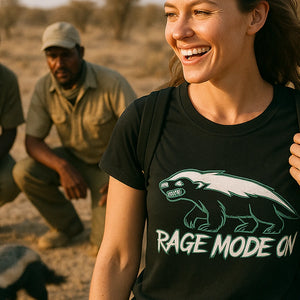 "Rage Mode On" black honey badger t shirt, photographed as honey badger lover gift