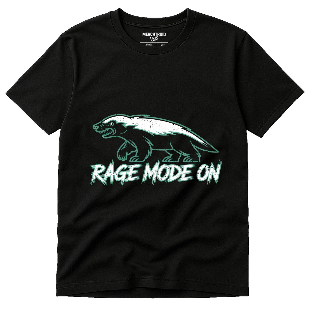 Black Honey Badger T Shirt - "Rage Mode On" graphic tee with gray print, flat lay product photo