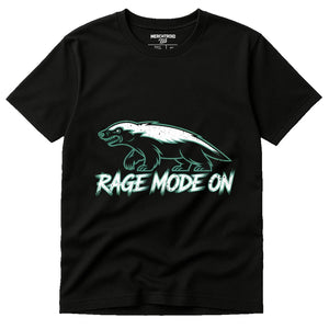 Black Honey Badger T Shirt - "Rage Mode On" graphic tee with gray print, flat lay product photo