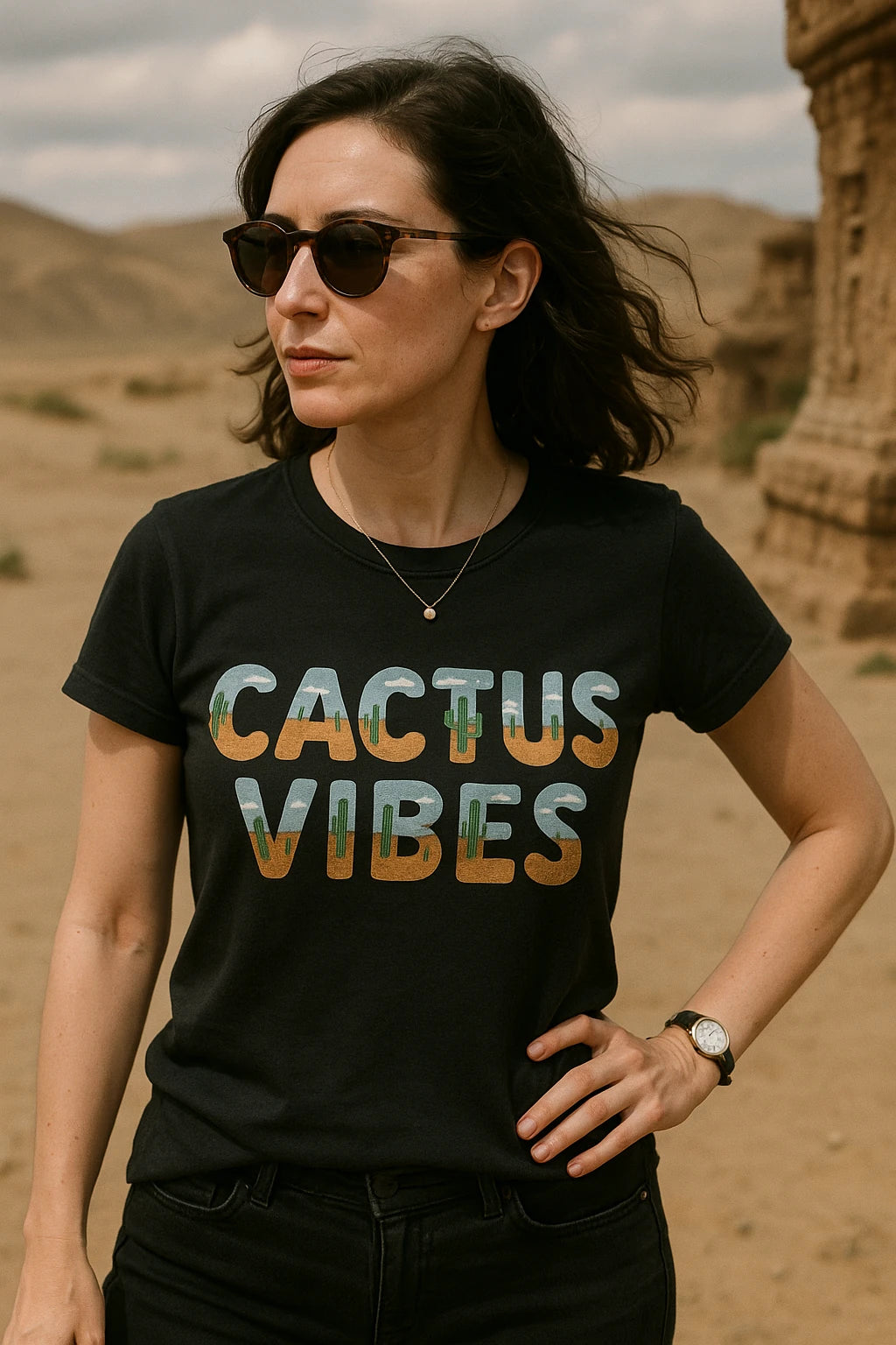"Cactus Vibes" black desert shirts, photographed as gifts for desert lovers