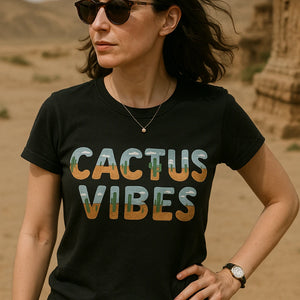 "Cactus Vibes" black desert shirts, photographed as gifts for desert lovers