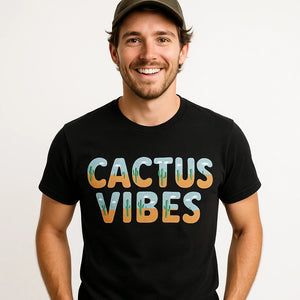 Close-up of the "Cactus Vibes" gray print on a premium Bella+Canvas black desert shirts