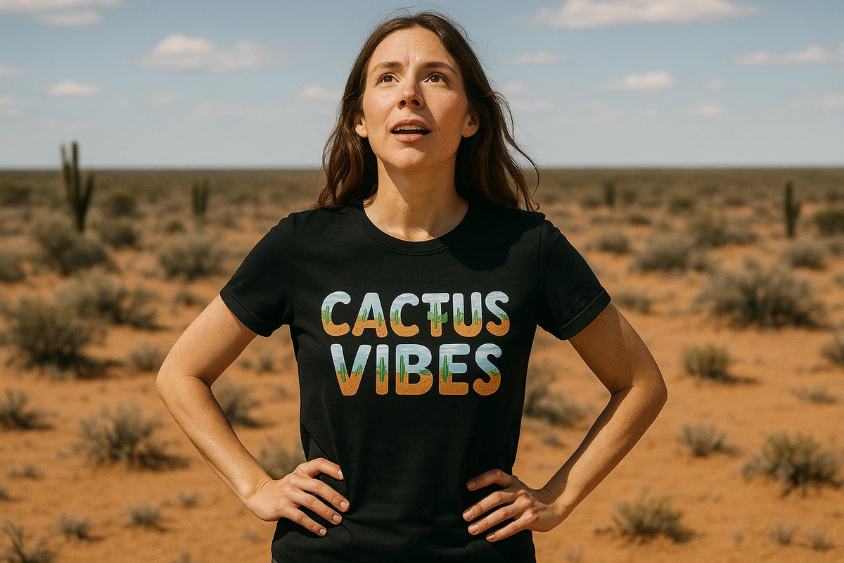 Lifestyle shot of the "Cactus Vibes" black desert shirts in a real-world setting