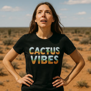 Lifestyle shot of the "Cactus Vibes" black desert shirts in a real-world setting