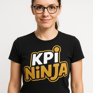 Close-up of the "Kpi Ninja" gold print on a premium Bella+Canvas black marketing manager shirts