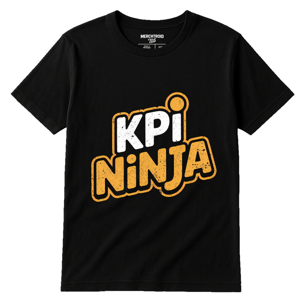 Black Marketing Manager Shirts - "Kpi Ninja" graphic tee with gold print, flat lay product photo