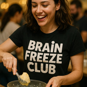 "Brain Freeze Club" black cream t shirt - also one of the best gifts for ice cream lovers