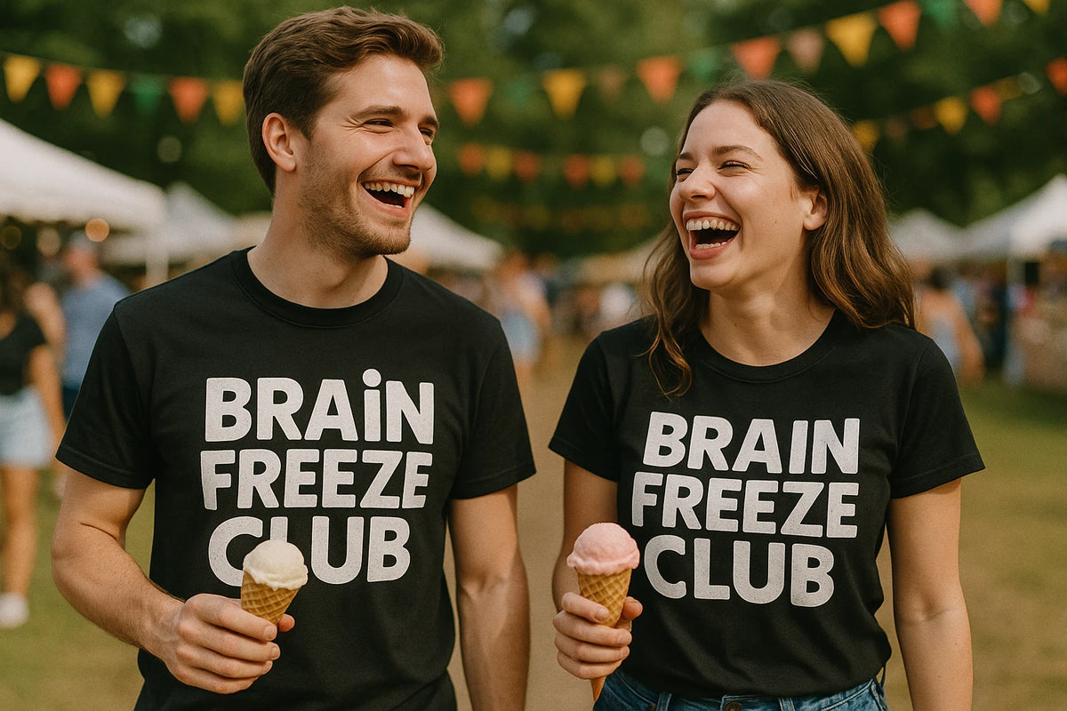 Person wearing the black cream t shirt graphic tee - "Brain Freeze Club" design