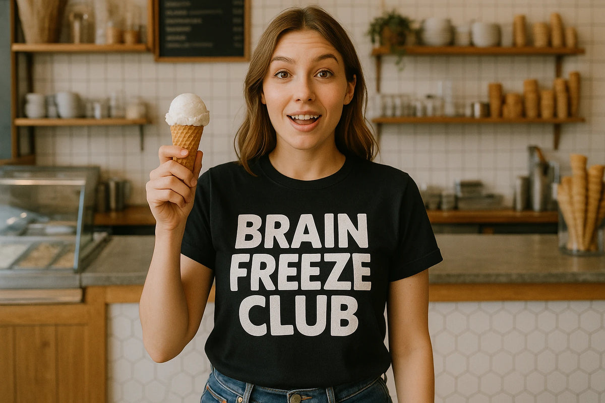 Lifestyle shot of the "Brain Freeze Club" black cream t shirt in a real-world setting