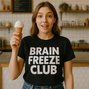 Lifestyle shot of the "Brain Freeze Club" black cream t shirt in a real-world setting