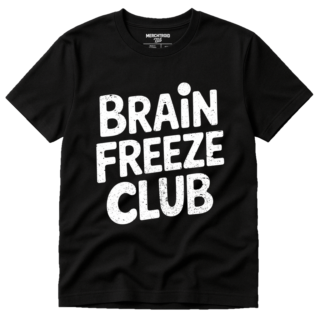 Black Cream T Shirt - "Brain Freeze Club" graphic tee with white print, flat lay product photo
