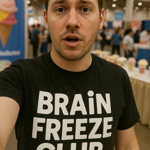 "Brain Freeze Club" black cream t shirt, photographed as ice cream lover gift