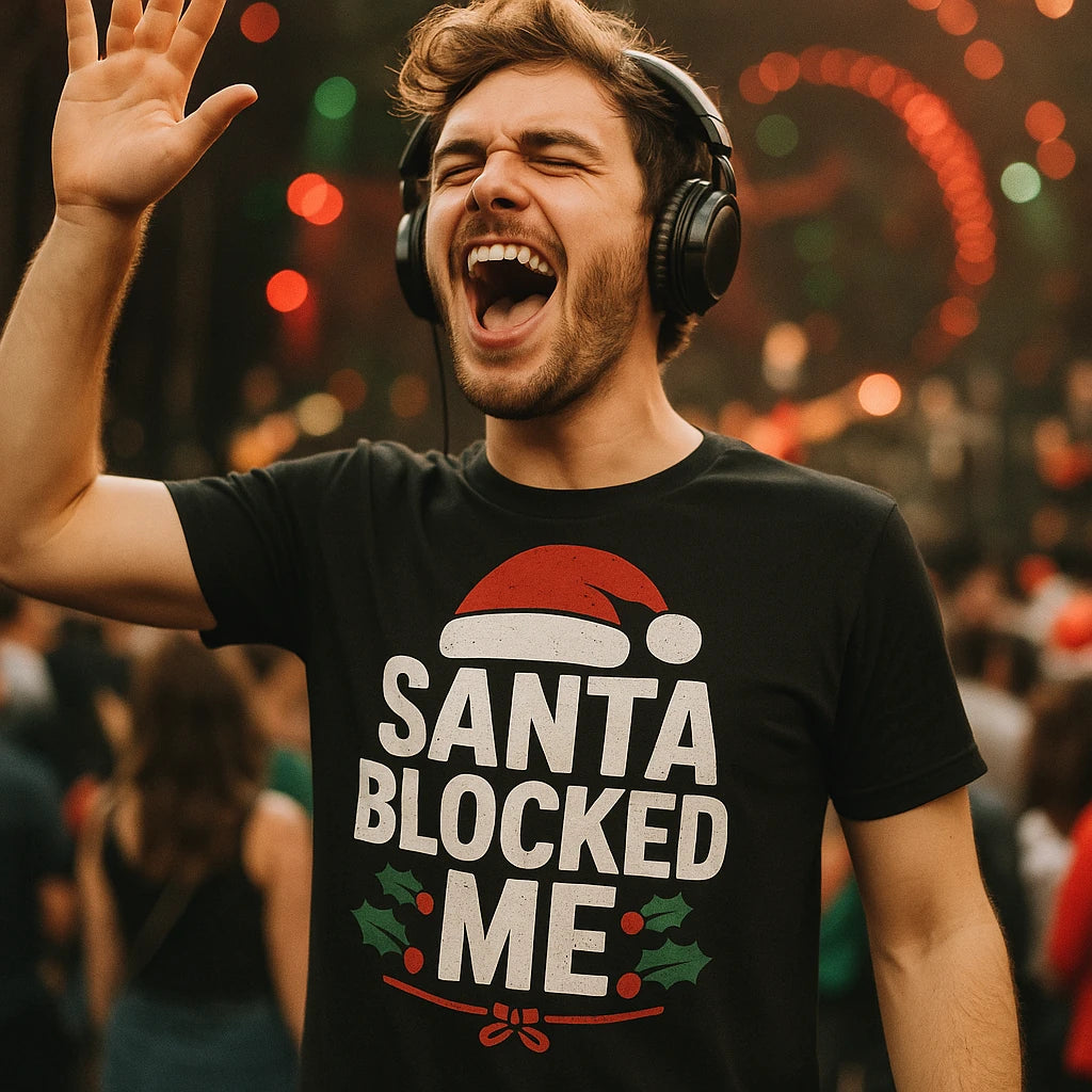 "Santa Blocked Me" black christmas t shirt - also a plus size christmas tops for ladies