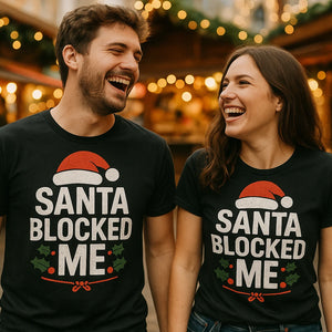 Person wearing the black christmas t shirt graphic tee - "Santa Blocked Me" design