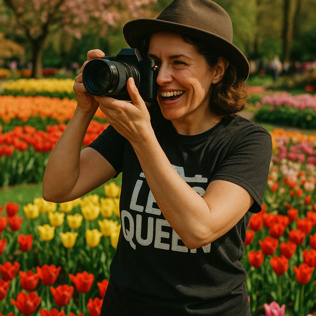 A person in a black shirt with the text "LENS QUEEN" is smiling while holding a camera, poised to take a photo. They are wearing a brown hat and standing in a vibrant tulip garden with red, yellow, and pink flowers in the background.