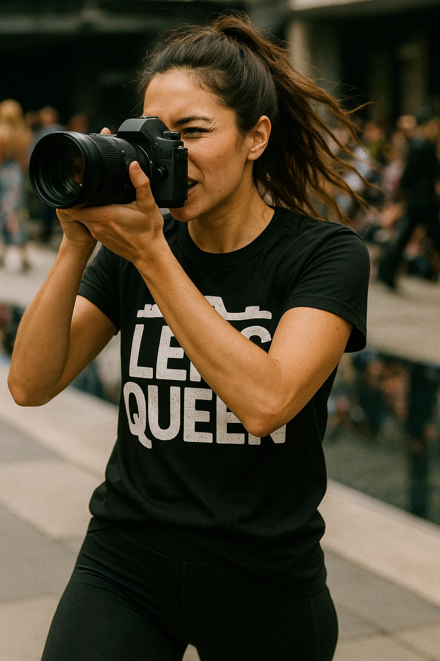 A person with long brown hair tied in a ponytail is holding and looking through a DSLR camera. They are wearing a black T-shirt with the text "LEICA QUEEN" printed in white. The background is an outdoor setting with people in soft focus.