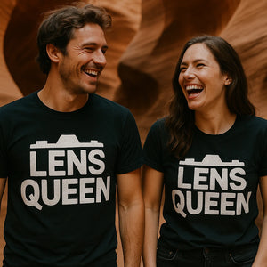 Person wearing the black photographers t shirt graphic tee - "Lens Queen" design