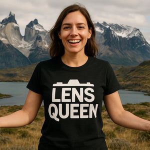 Lifestyle shot of the "Lens Queen" black photographers t shirt in a real-world setting