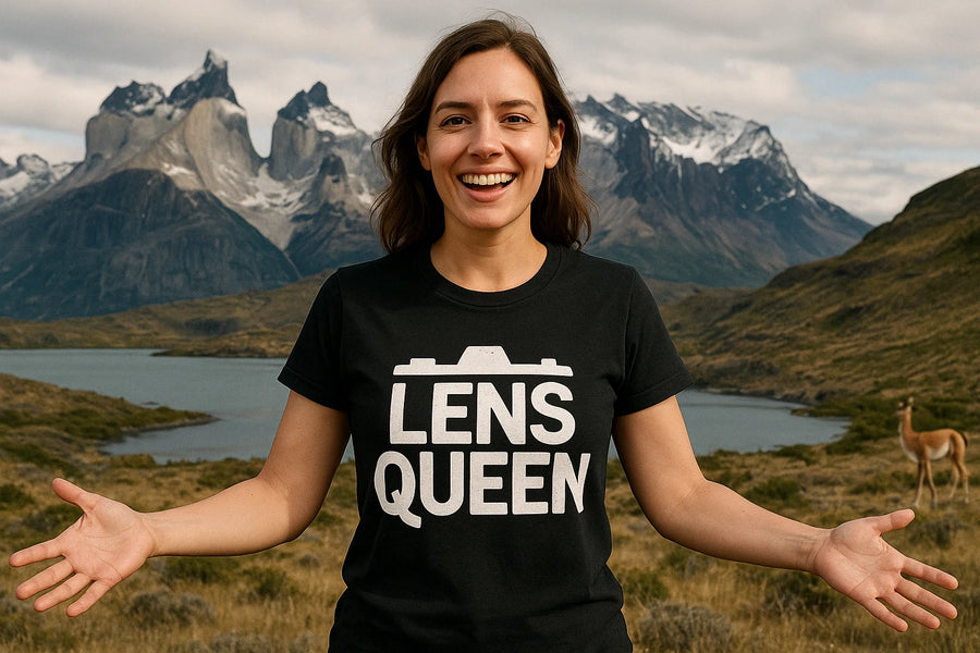 A person with dark hair and wearing a black t-shirt that reads "LENS QUEEN" stands smiling with arms outstretched. In the background, there is a scenic view of mountains, a lake, and a grassy landscape, with a guanaco visible on the right.