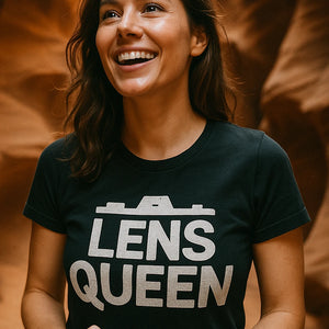 "Lens Queen" black photographers t shirt, photographed as photographers lover gift