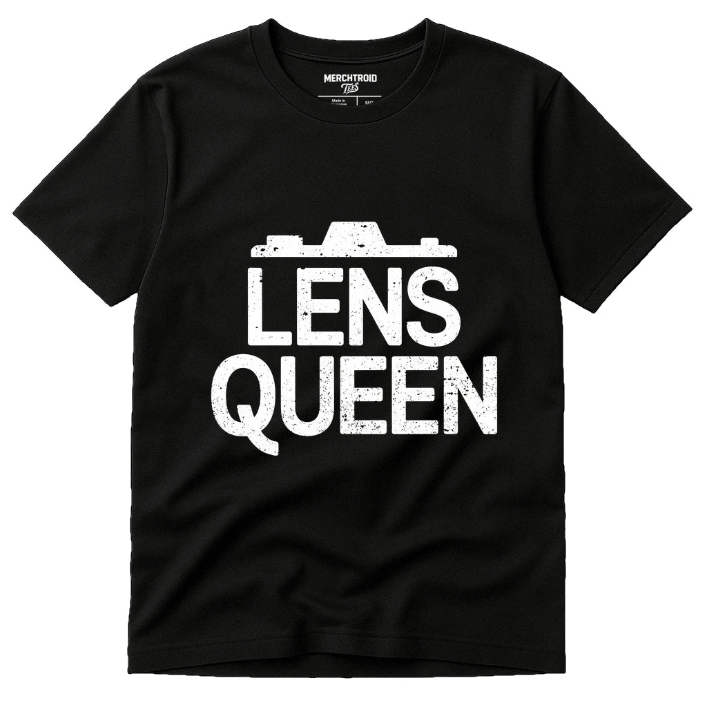 A black T-shirt with the words "LENS QUEEN" printed in bold white letters on the front, accompanied by a stylized camera graphic above the text.