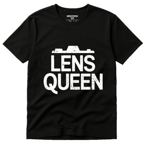 Black Photographers T Shirt - "Lens Queen" graphic tee with white print, flat lay product photo