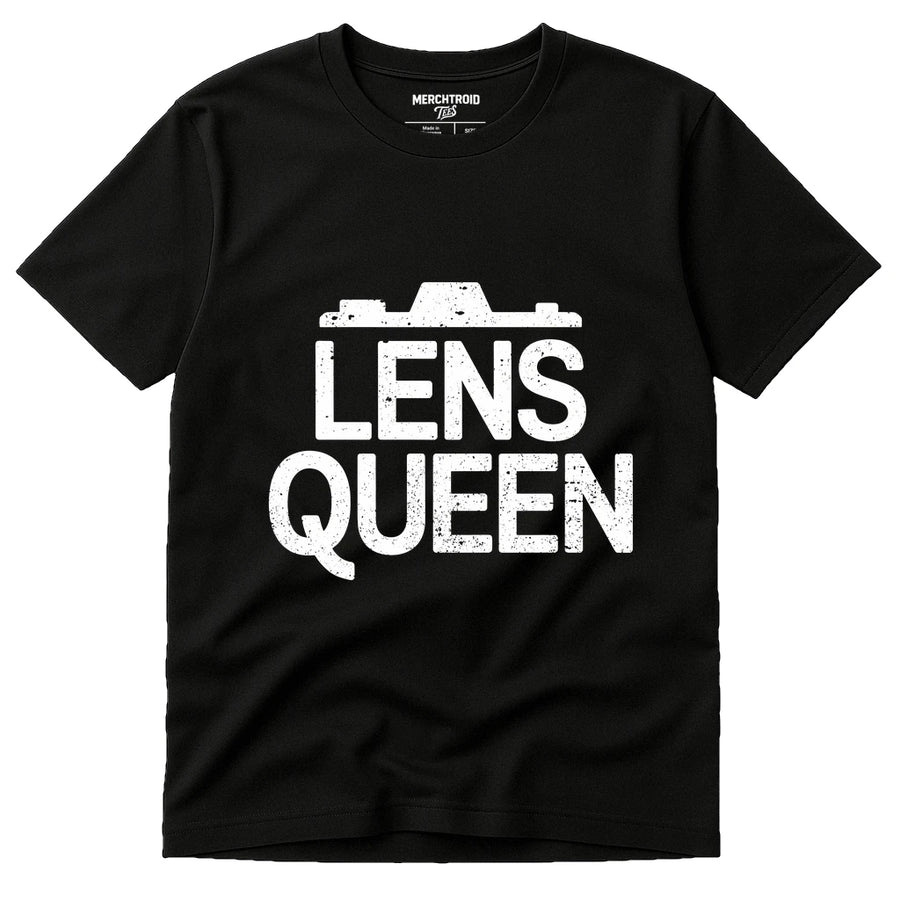 A black T-shirt with the words "LENS QUEEN" printed in bold white letters on the front, accompanied by a stylized camera graphic above the text.