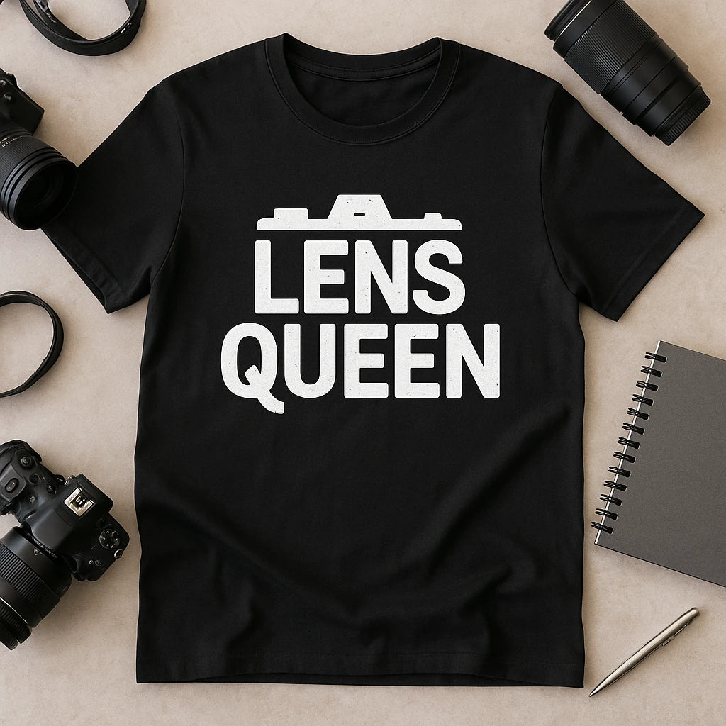 A black t-shirt with the words "LENS QUEEN" printed in large white letters, featuring a graphic of a camera on top. The shirt is laid out on a beige surface surrounded by camera equipment, including lenses, a camera body, a notebook, and a pen.