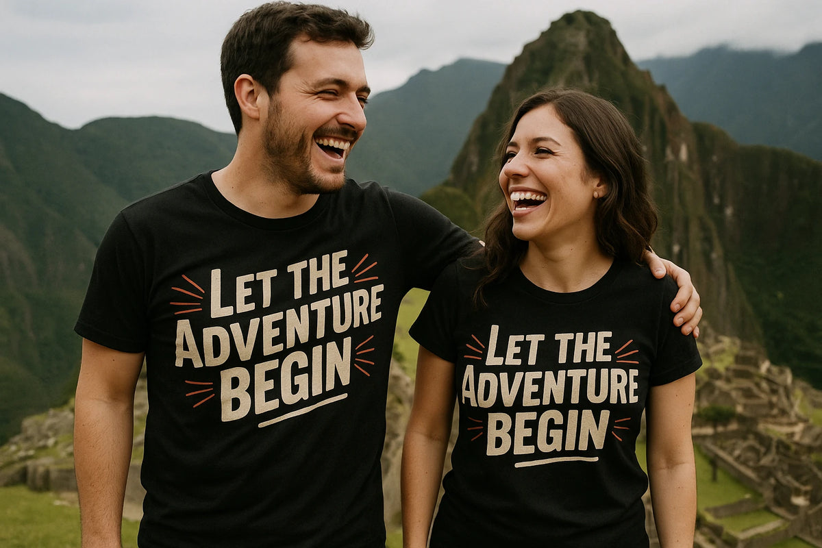 Person wearing the black adventure travel shirts graphic tee - "Let the Adventure Begin" design