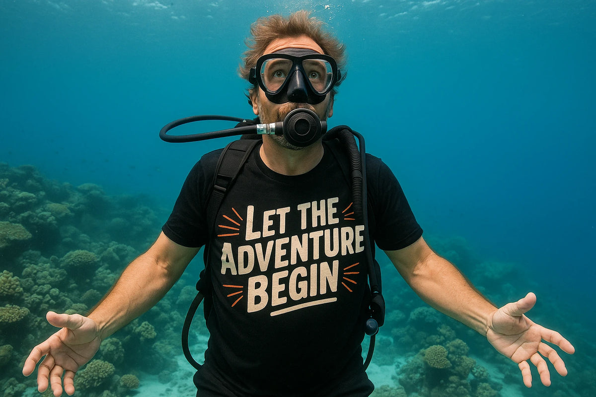 Lifestyle shot of the "Let the Adventure Begin" black adventure travel shirts in a real-world setting