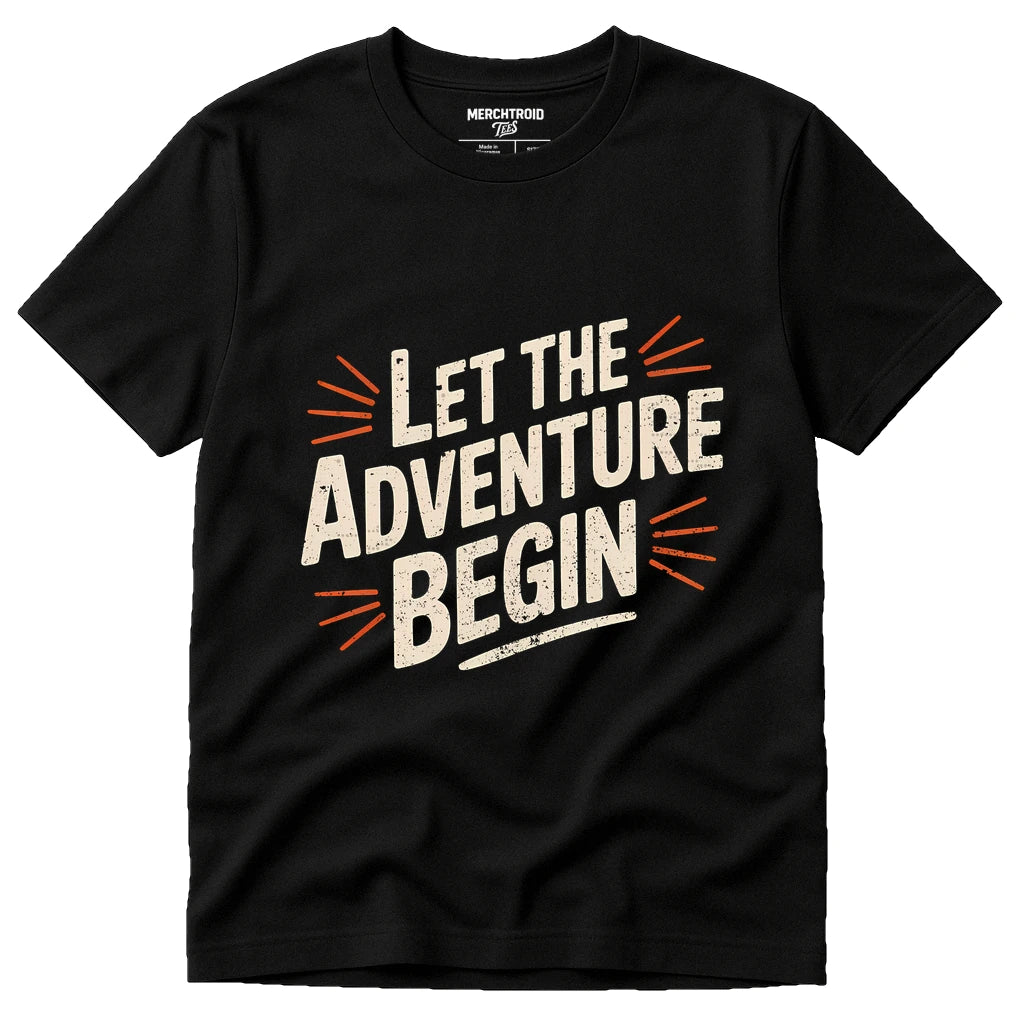 Black Adventure Travel Shirts - "Let the Adventure Begin" graphic tee with cream print, flat lay product photo