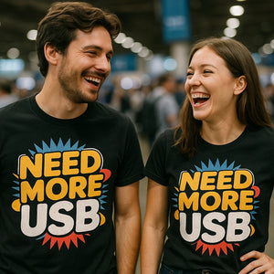 Person wearing the black gadget shirts graphic tee - "Need More Usb" design