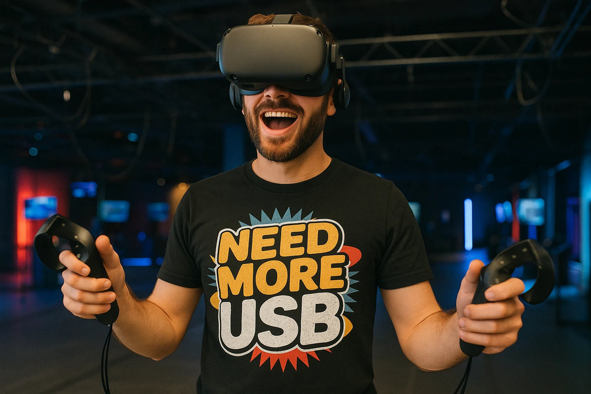 Lifestyle shot of the "Need More Usb" black gadget shirts in a real-world setting