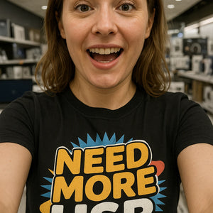 "Need More Usb" black gadget shirts - also one of the gifts for someone who likes gadgets