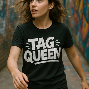 "Tag Queen" black street art t shirt, photographed as gifts for street art lovers