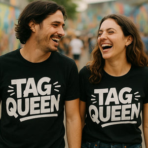 Person wearing the black street art t shirt graphic tee - "Tag Queen" design