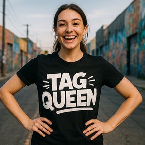 Lifestyle shot of the "Tag Queen" black street art t shirt in a real-world setting