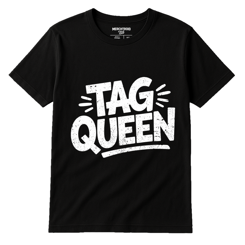 Black Street Art T Shirt - "Tag Queen" graphic tee with white print, flat lay product photo