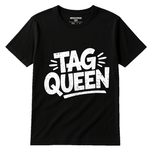 Black Street Art T Shirt - "Tag Queen" graphic tee with white print, flat lay product photo