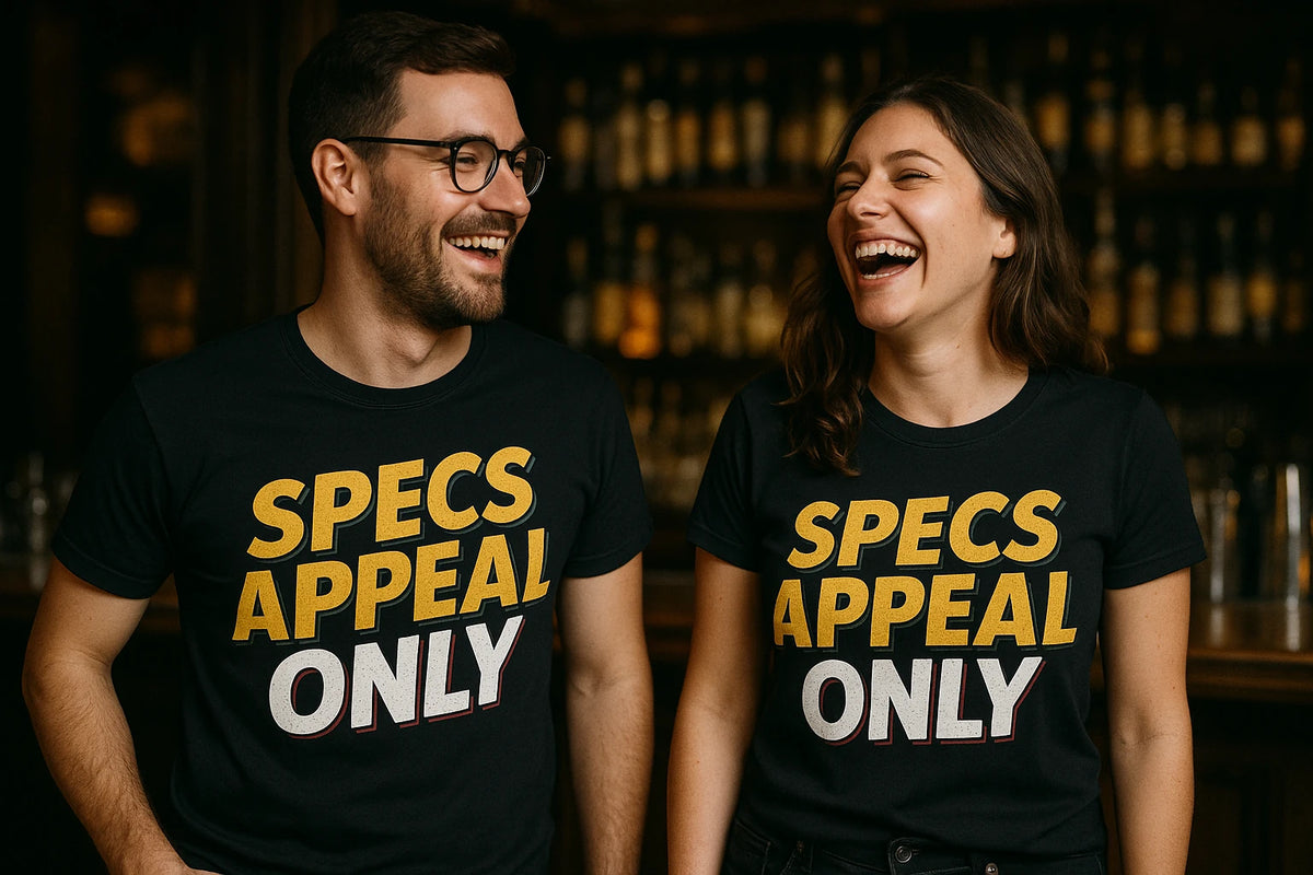 Person wearing the black cocktail t shirt graphic tee - "Specs Appeal Only" design