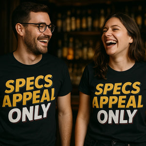 Person wearing the black cocktail t shirt graphic tee - "Specs Appeal Only" design
