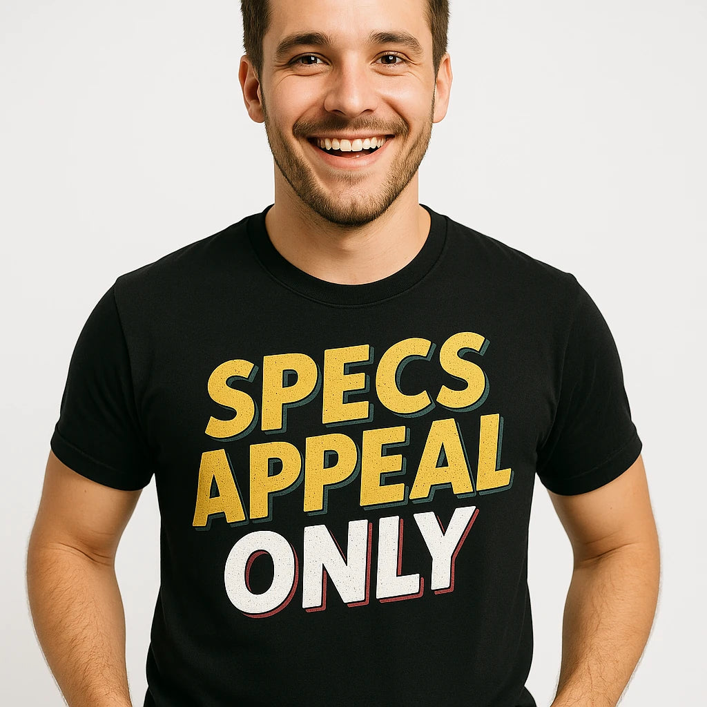 Close-up of the "Specs Appeal Only" gold print on a premium Bella+Canvas black cocktail t shirt