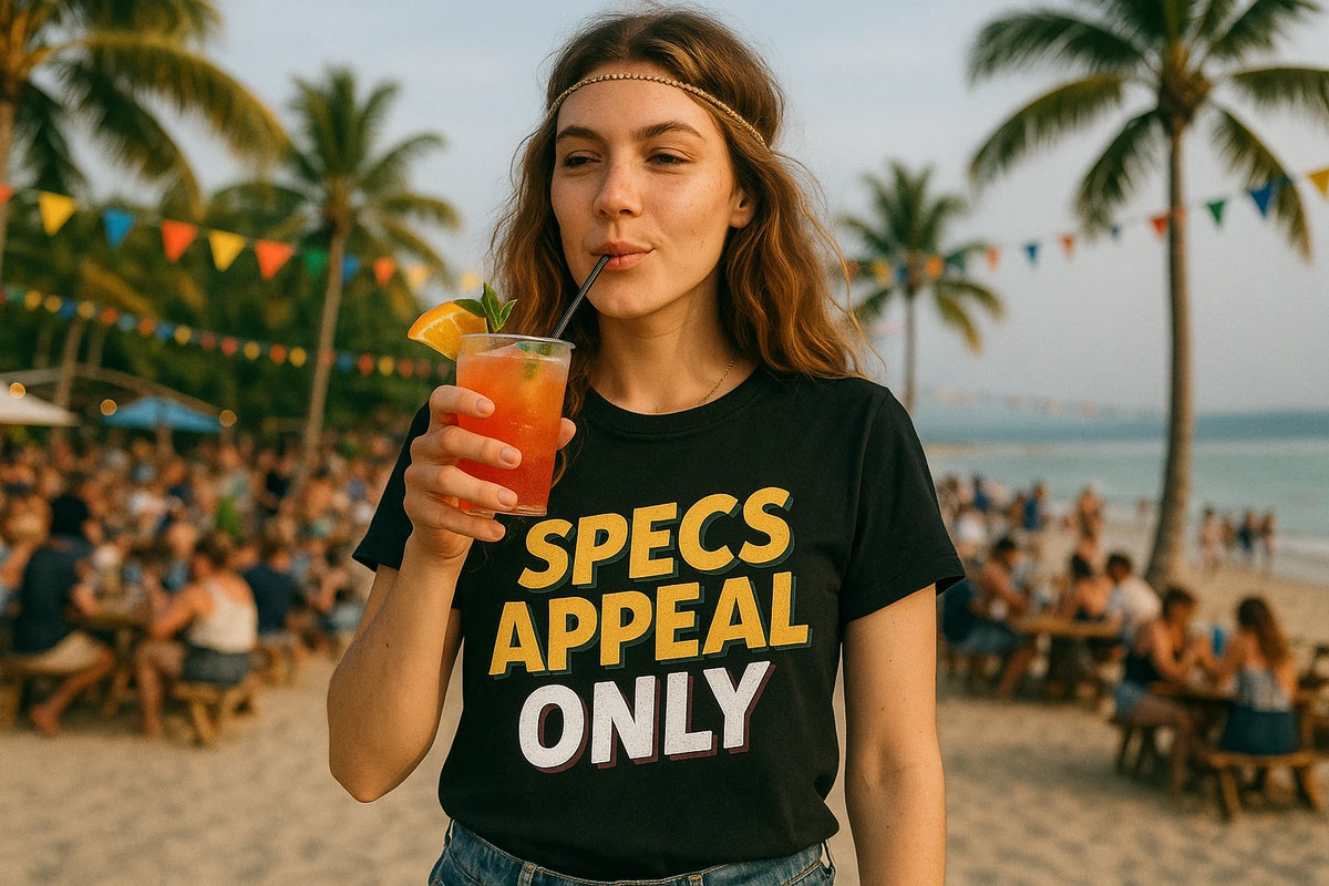 Lifestyle shot of the "Specs Appeal Only" black cocktail t shirt in a real-world setting