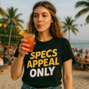 Lifestyle shot of the "Specs Appeal Only" black cocktail t shirt in a real-world setting