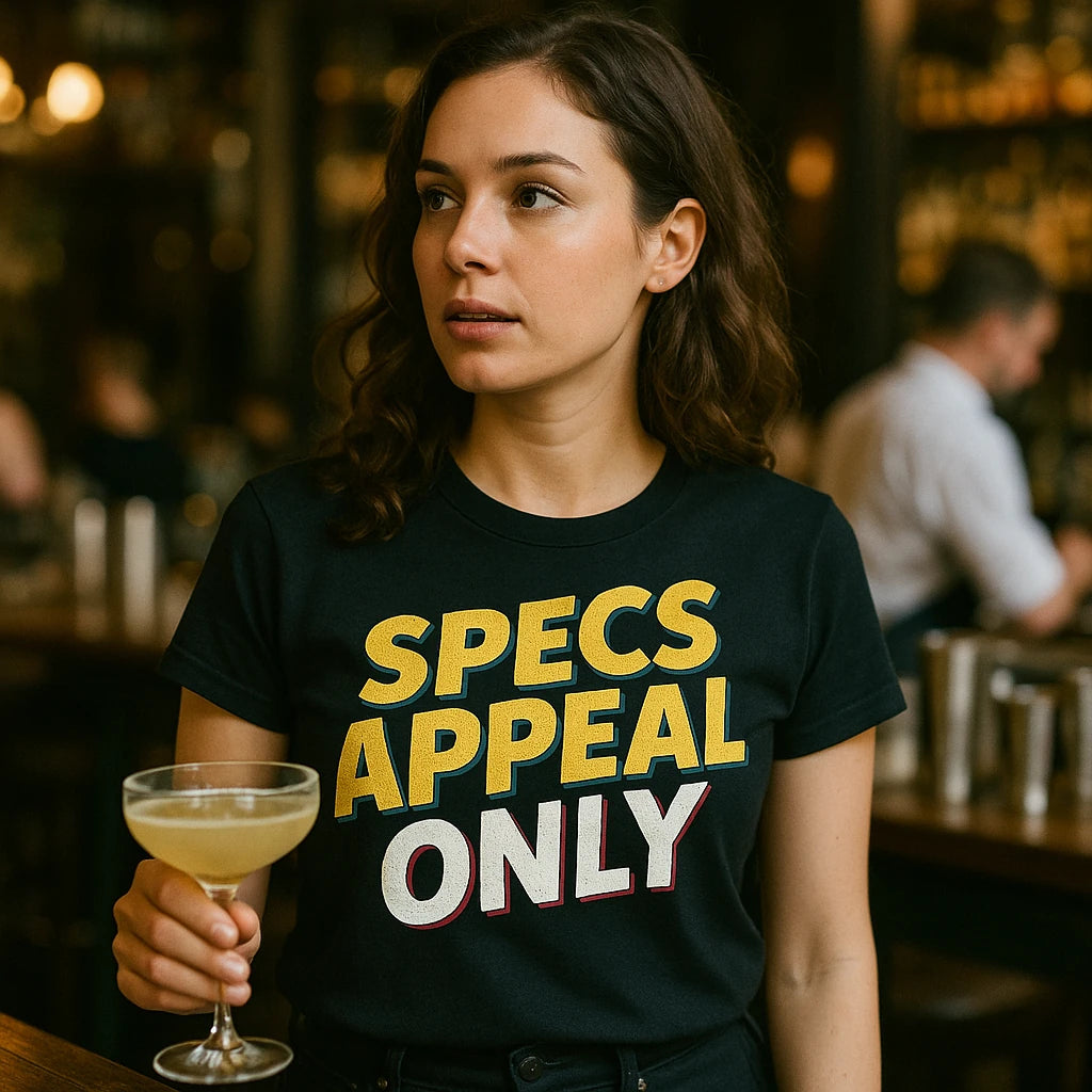 "Specs Appeal Only" black cocktail t shirt - also a stocking stuffers for cocktail lovers