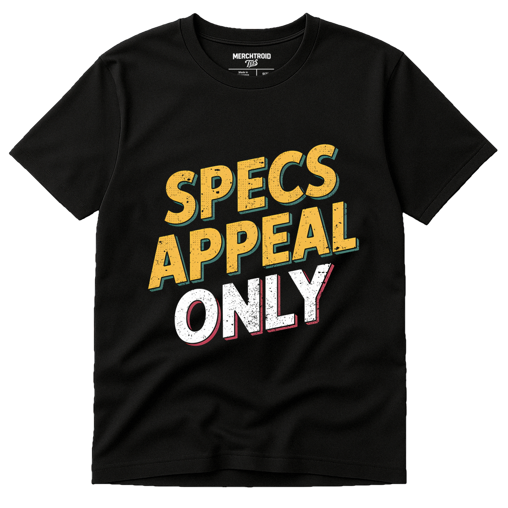 Black Cocktail T Shirt - "Specs Appeal Only" graphic tee with gold print, flat lay product photo