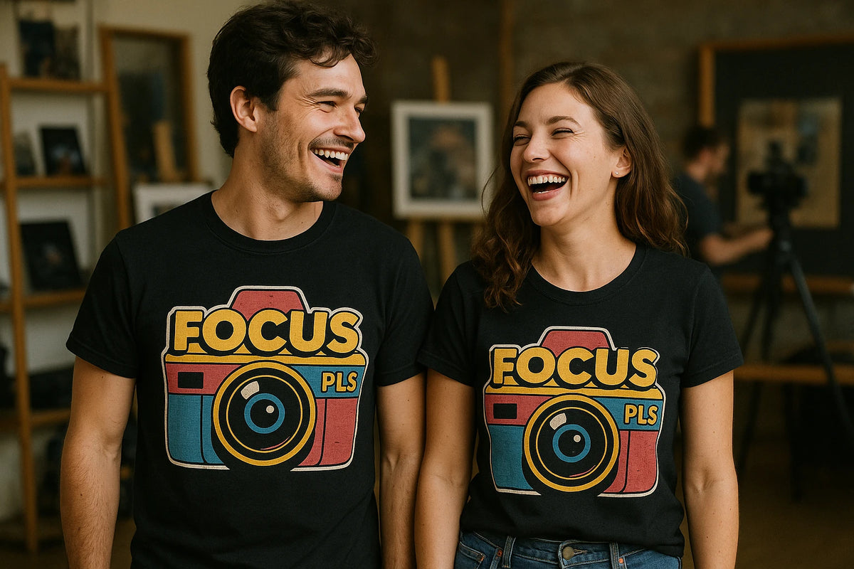 Person wearing the black photography on t shirts graphic tee - "Focus Pls" design